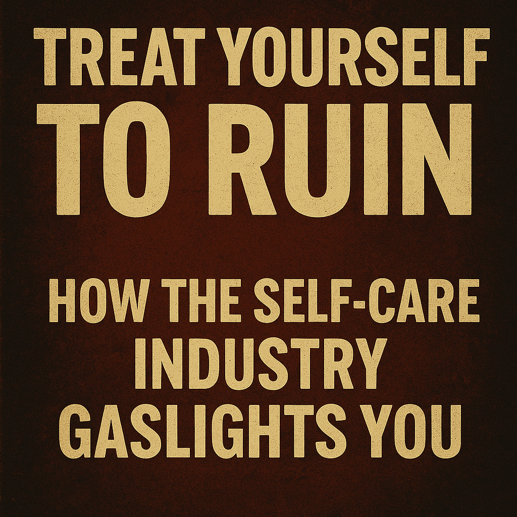 A bold, vintage-inspired digital graphic featuring the satirical blog title “Treat Yourself to Ruin: How the Self-Care Industry Gaslights You.” The design mimics wellness product packaging, with pastel colors, exaggerated spa elements, and a distressed texture that highlights the irony of luxury marketed as healing. A crying cartoon face is partially hidden behind overpriced self-care items like candles, face masks, and bath bombs.