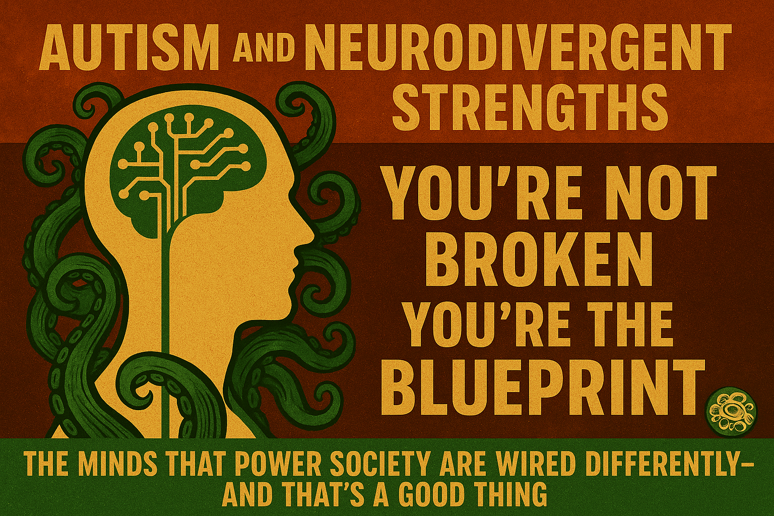 A vintage-style digital illustration featuring a profile silhouette of a human head filled with a green brain shaped like a circuit board. Tentacle-like patterns surround the head, evoking both nature and complexity. The background uses bold red, brown, and green color blocks with distressed textures. Large yellow text reads: “Autism and Neurodivergent Strengths — You’re Not Broken, You’re the Blueprint.” At the bottom, a green bar states, “The minds that power society are wired differently—and that’s a good thing.”